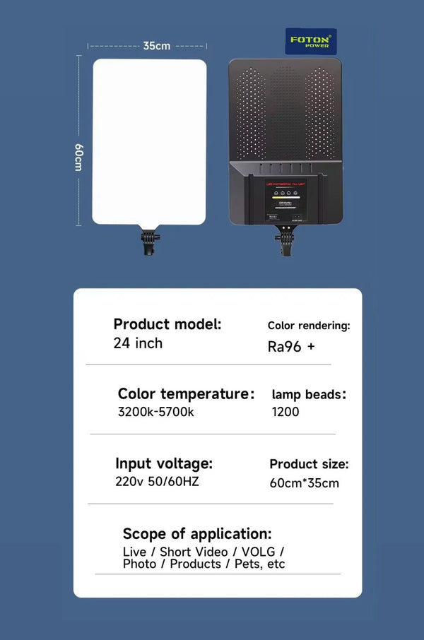 Foton Power L3560 24-Inch Fill Light – 1200 LED Beads, 3200K–5700K Color Temp, High CRI, Dimmable Studio Panel
