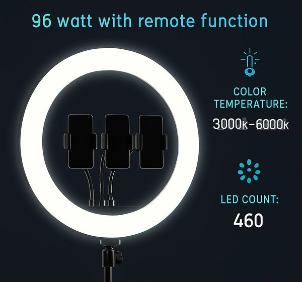 20-Inch Pro LED Ring Light – Remote Controlled | 3000K–6500K, 460 LEDs, 96W | 3 Modes & 10 Brightness Levels