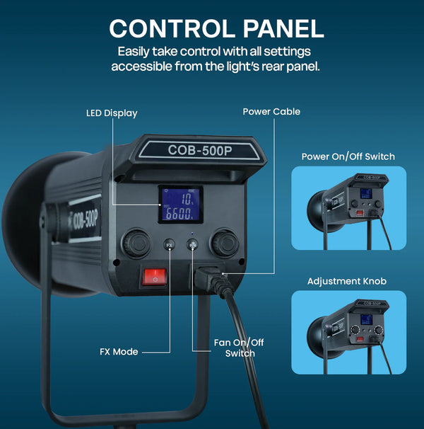 Foton Power 500FP COB Light – 500W High Brightness | CRI 95+, Remote Control, 360° Rotation & 9 FX Modes | 2800K–6800K Temp Control