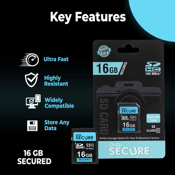 Digi Secure 16GB SD Card – Ultra Fast, Up to 100MBps, Highly Resistant Memory Card