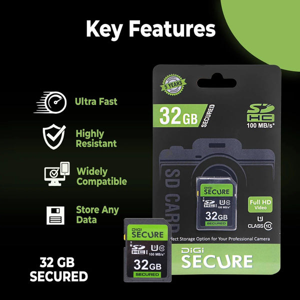 Digi Secure 32GB SD Card – Ultra Fast 100MBps, Highly Resistant, Class 10 UHS-I