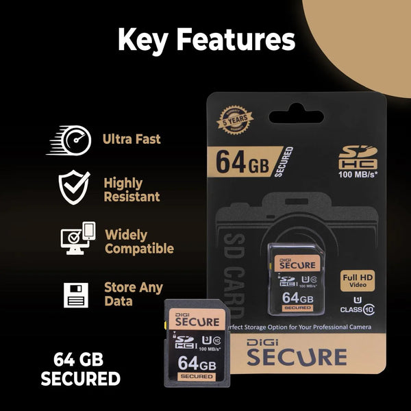 Digi Secure 64GB SD Card – Ultra Fast 100MBps, Highly Resistant, Class 10 UHS-I